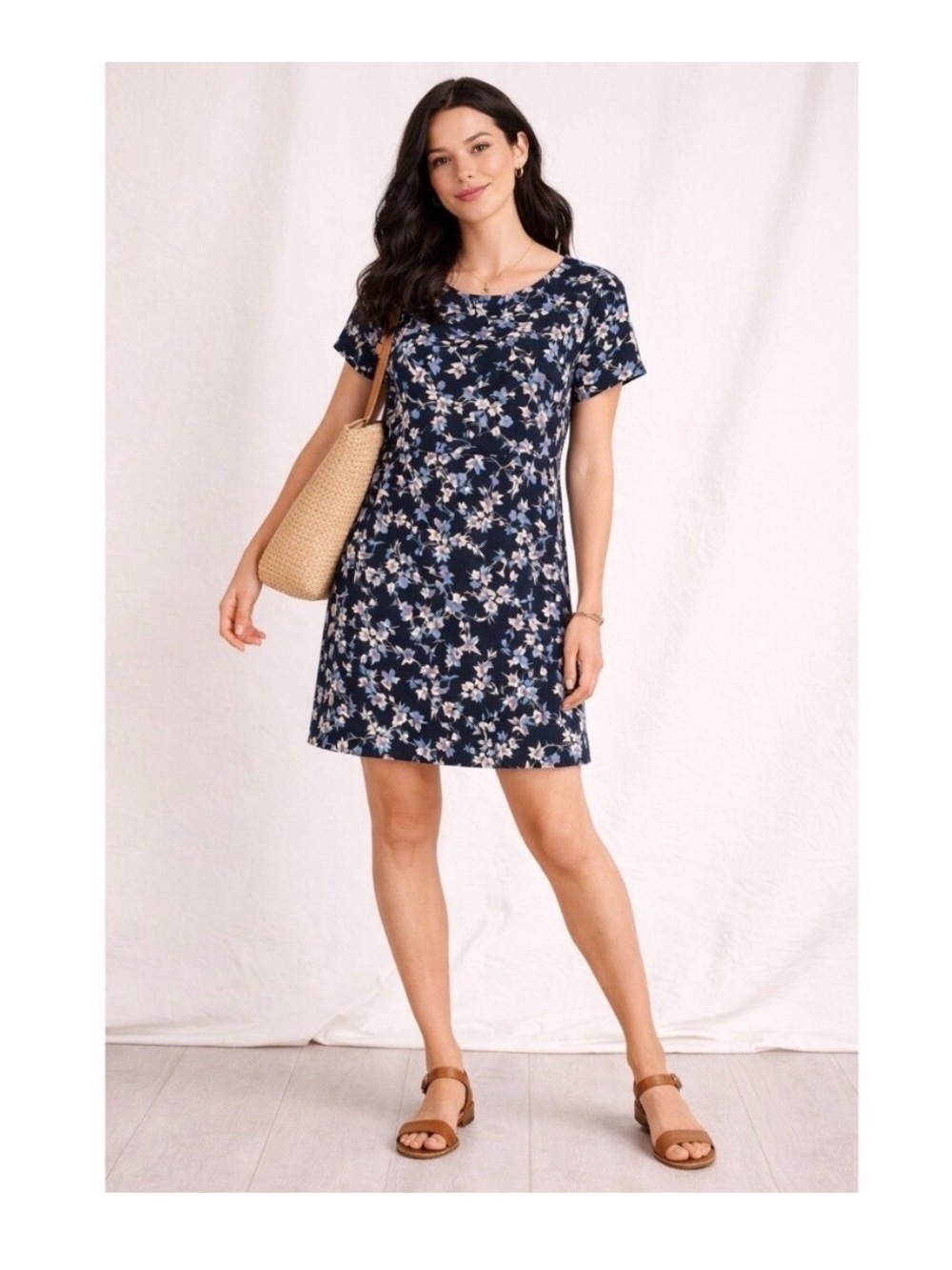 J. Jill Navy Floral Short-Sleeve Wearever Dress Above Knee Size L New with Tags